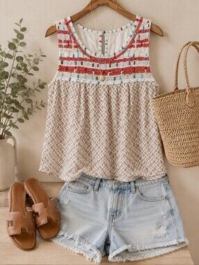 Meadow Rue Anthropologie Embroidered Boho Sleeveless Top Cotton Keyhole Back